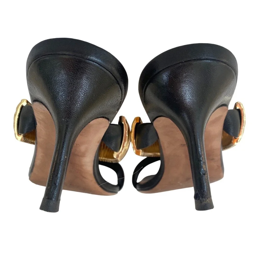 VERONICA BEARD Meena Heeled Sandals Size 9 Black Leather Gold Luxury Designer‎